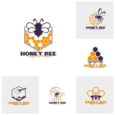 Bal arısı logo tasarımı seti. Bal peteği tasarım vektör çizimi, marka için modern konsept