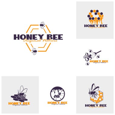 Bal arısı logo tasarımı seti. Bal peteği tasarım vektör çizimi, marka için modern konsept