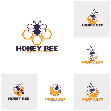 Bal arısı logo tasarımı seti. Bal peteği tasarım vektör çizimi, marka için modern konsept