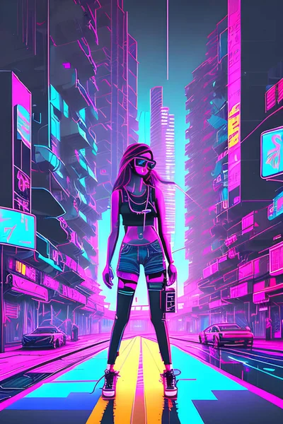 Cyberpunk Graffiti Portrait Girl Wearing Sunglasses Stock Image