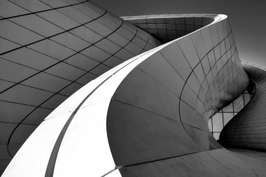 Black and white details of the Heydar Aliyev Center, Baku, Azerbaijan