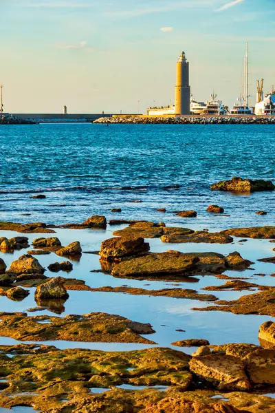 Fanale dei Pisani deniz feneri İtalya 'nın Livorno kentindeki Terrazza Mascagni yakınlarındaki kayalık sahil şeridinde görüldü..