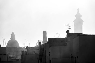 A black and white photograph captures the misty morning skyline of Monopoli, Italy, with the Basilica Cattedrale Maria Santissima della Madia's dome and bell tower emerging through the fog. clipart