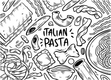 Beyaz arka planda izole edilmiş, el çizimi makarna seti, vektör eli makarna tabağı. Vektör illüstrasyonu