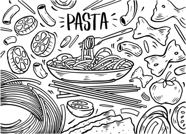 Hand drawn of pasta set in doodle style isolated on white background, Vector hand drawn pasta dish. Vector illustration