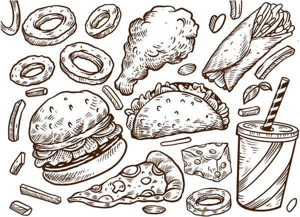 Conjunto Dibujos Fast Food Hamburguesa Pollo Frito Burrito Colección Pizza — Vector de stock