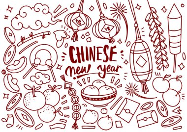 Beyaz arka plan üzerinde izole Çin yeni yılı doodle kümesi