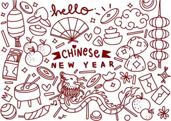 Set Hand Drawn Chinese New Year Doodle Year Dragon — Stock Vector