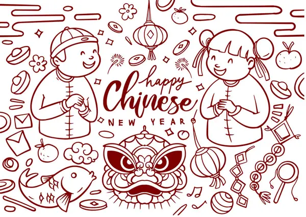 Conjunto Mão Desenhada Doodle Ano Novo Chinês Ano Dragão Vetores De Bancos De Imagens Sem Royalties