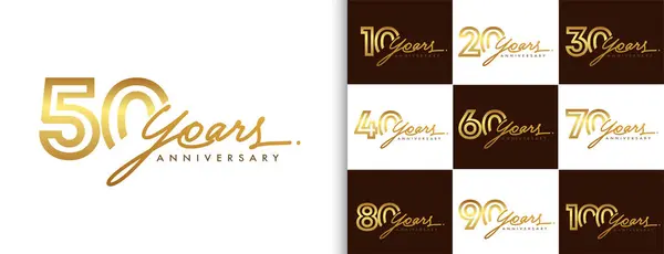 Sada Výročních Logotypů Designu Zlatou Barvou Rukopisu Pro Oslavu Svatbu — Stockový vektor
