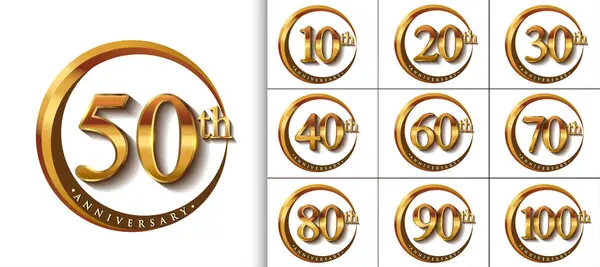 Set Von Jubiläums Logotypen Mit Goldenem Ring Und Goldener Handschrift — Stockvektor