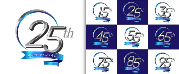 Set Anniversary Logotype Silver Color Silver Ring Blue Ribbon Celebration — Stock Vector