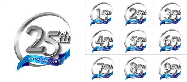 Készlet Évforduló Logotípus Ezüst Színű Ezüst Gyűrű Kék Szalag Ünneplés Stock Illusztrációk