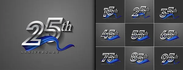 Conjunto Aniversário Logotipo Cor Prata Com Fita Azul Para Evento Gráficos Vetores