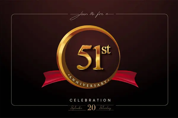 stock vector 51st Anniversary Logo With Golden Ring And Red Ribbon Isolated on Elegant Background, Birthday Invitation Design And Greeting Card