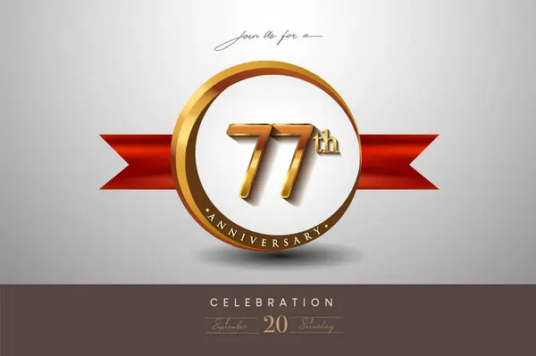 stock vector 77th Anniversary Logo With Golden Ring And Red Ribbon Isolated on Elegant Background, Birthday Invitation Design And Greeting Card