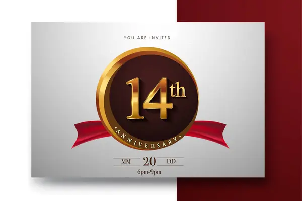 14Th Anniversary Logo Golden Ring Red Ribbon Isolated Elegant Background Стоковая Иллюстрация