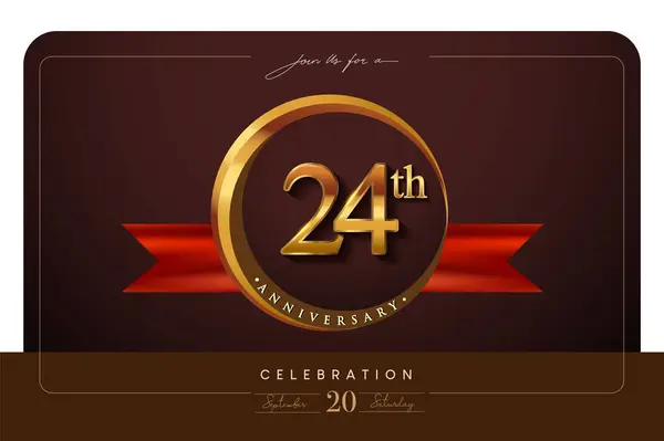 24Th Anniversary Logo Golden Ring Red Ribbon Isolated Elegant Background Лицензионные Стоковые Векторы