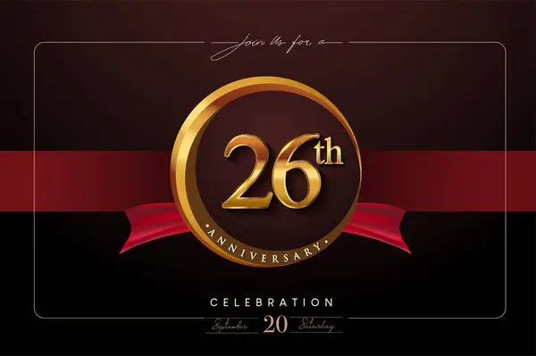 26Th Anniversary Logo Golden Ring Red Ribbon Isolated Elegant Background Стоковая Иллюстрация