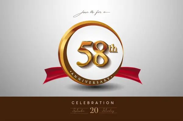 58Th Anniversary Logo Golden Ring Red Ribbon Isolated Elegant Background Лицензионные Стоковые Векторы