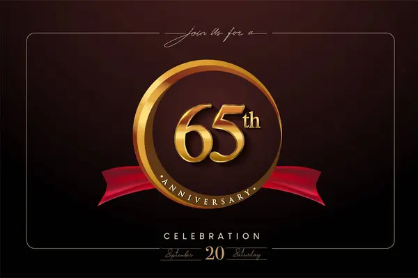 65Th Anniversary Logo Golden Ring Red Ribbon Isolated Elegant Background Стоковый вектор