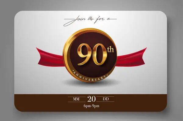 90Th Anniversary Logo Golden Ring Red Ribbon Isolated Elegant Background Лицензионные Стоковые Векторы