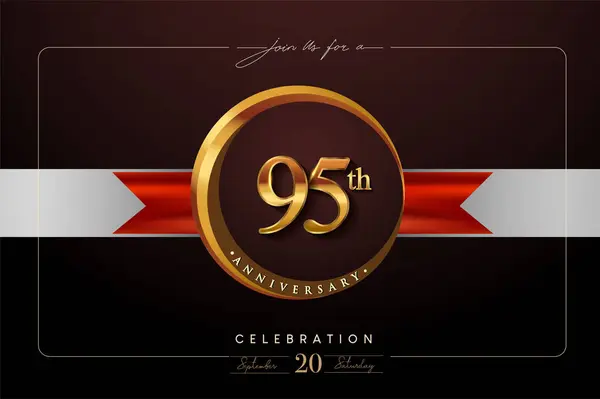 95Th Anniversary Logo Golden Ring Red Ribbon Isolated Elegant Background Стоковая Иллюстрация
