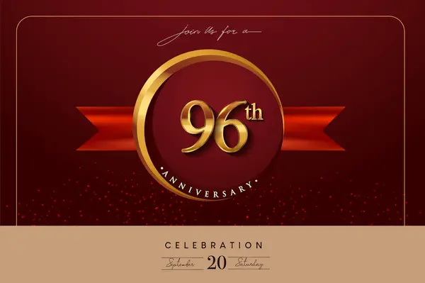 96Th Anniversary Logo Golden Ring Red Ribbon Isolated Elegant Background Векторная Графика