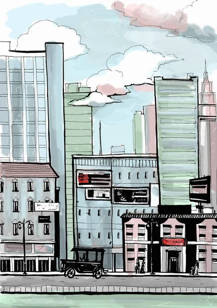 Вид Ретро Город Эскизная Иллюстрация — стоковое фото