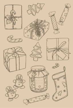 El çizimi Noel ve Yeni Yıl Hediyeleri