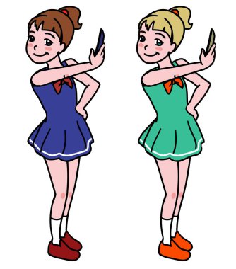 Küçük kız selfie çekiyor, resimli karikatür.