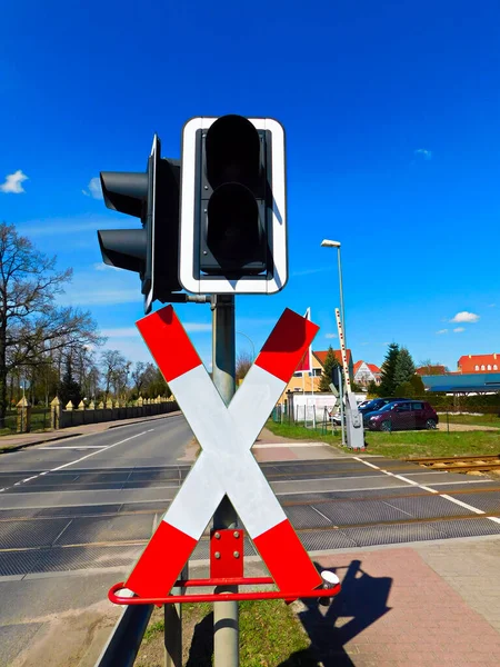 stock image Signaling system at a level crossing with a barrier