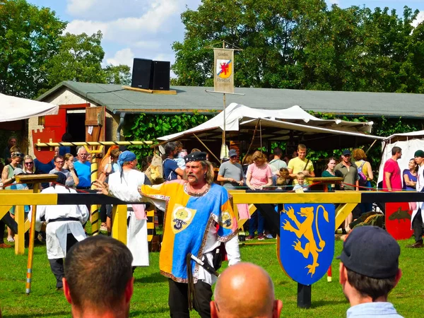 スターガード城 メクレンブルク 西ポメラニア州のセネプラット地区 2023年8月13日 スターガードの丘の城で騎士の戦いを持つ城祭り — ストック写真