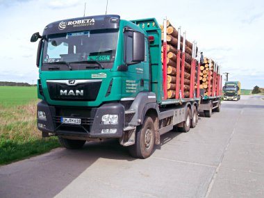City of Templin in the Uckermark, Brandenburg / Germany - April 13, 2024: Wood transport on the MAN truck with the inscription ROBETA WOOD OHG clipart
