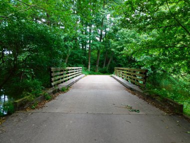 A wooden bridge over the connection between two lakes clipart