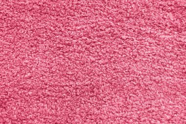 Yeni yumuşak kırmızı kıvırcık tüylü pelüş peluş battaniye ya da yastık kılıfı 2023 Viva Magenta yılı renginde. Kıvrımlı soyut kumaş dokusu. Üst görünüm, yakın plan