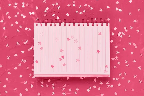 Open Blank Notepad Page Festive Background Stars Trendy Color Year — Stock Photo, Image