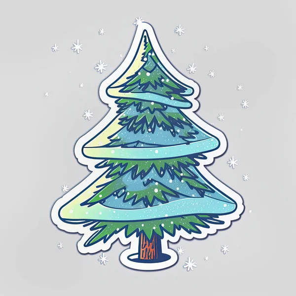 Winter outline sticker with festive Christmas tree. Cartoon style illustration