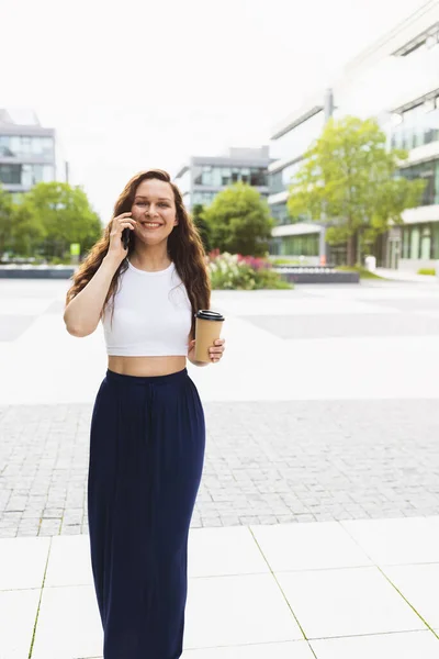 Young Woman Maxi Skirt Smiling Drinking Takeaway Coffee Tea Talking Imagen de stock