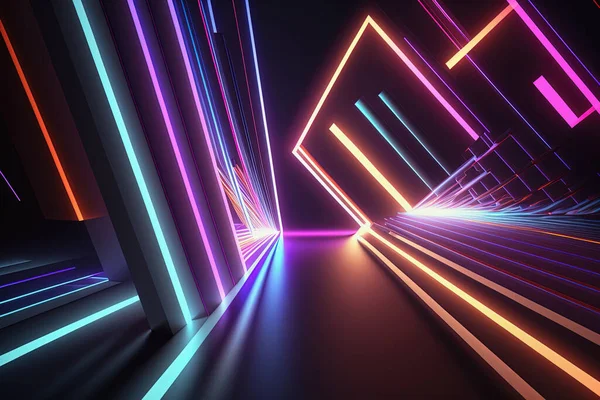 Wall with colorful neon led light futuristic shapes on dark background. Abstract background with glow. 3D
