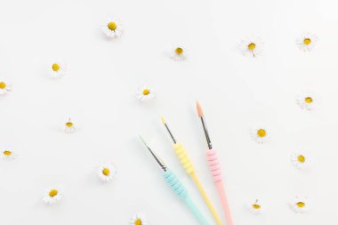 Paintbrushes for drawing, different sizes, trendy pastel colors on white with flowers background. Creativity, kids arts and drawing and creative mood concept. Flat lay banner, copy space.