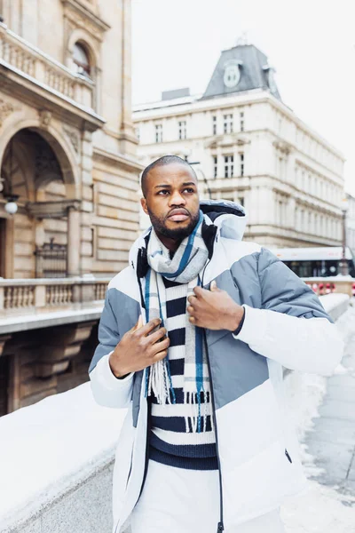 Young African Man Casual White Blue Clothes Striped Sweater Winter — 스톡 사진