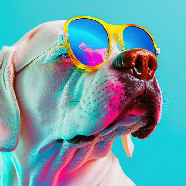 Party dog in sunglasses on blue background. Pop art style in neon colors
