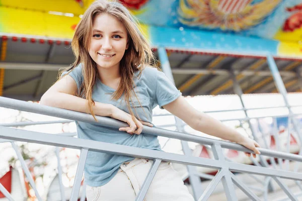 Happy Young Gen Woman Amusement Park Smiling Copy Space Summer — ストック写真