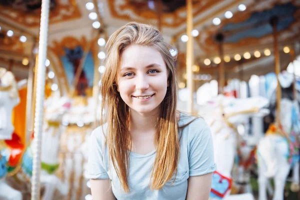 Happy Young Gen Woman Amusement Park Smiling Copy Space Summer — Fotografia de Stock