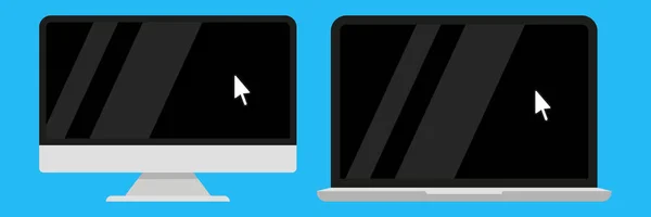 Computer Und Laptop Mit Pfeilcursor Auf Schwarzem Bildschirm Vektorillustration — Stockvektor
