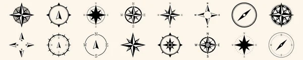 Compass Big Collection Icons Wind Rose Silhouette Directions North East — Stock Vector