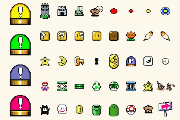 Set Super Mario Pixel Cartoon Vector Icons — Stock Vector