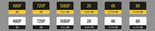 Resolución Pantalla 480P 720P 1080P Fhd Quad Ultra Ultra Iconos — Vector de stock