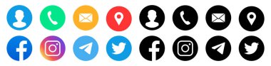 İletişim ve iletişim simgeleri. Simgeleri birleştir. Bize Call Phone, Facebook, Instagram, Telegram, Twitter, Harita şifresi ile ulaşın. Vektör illüstrasyonu